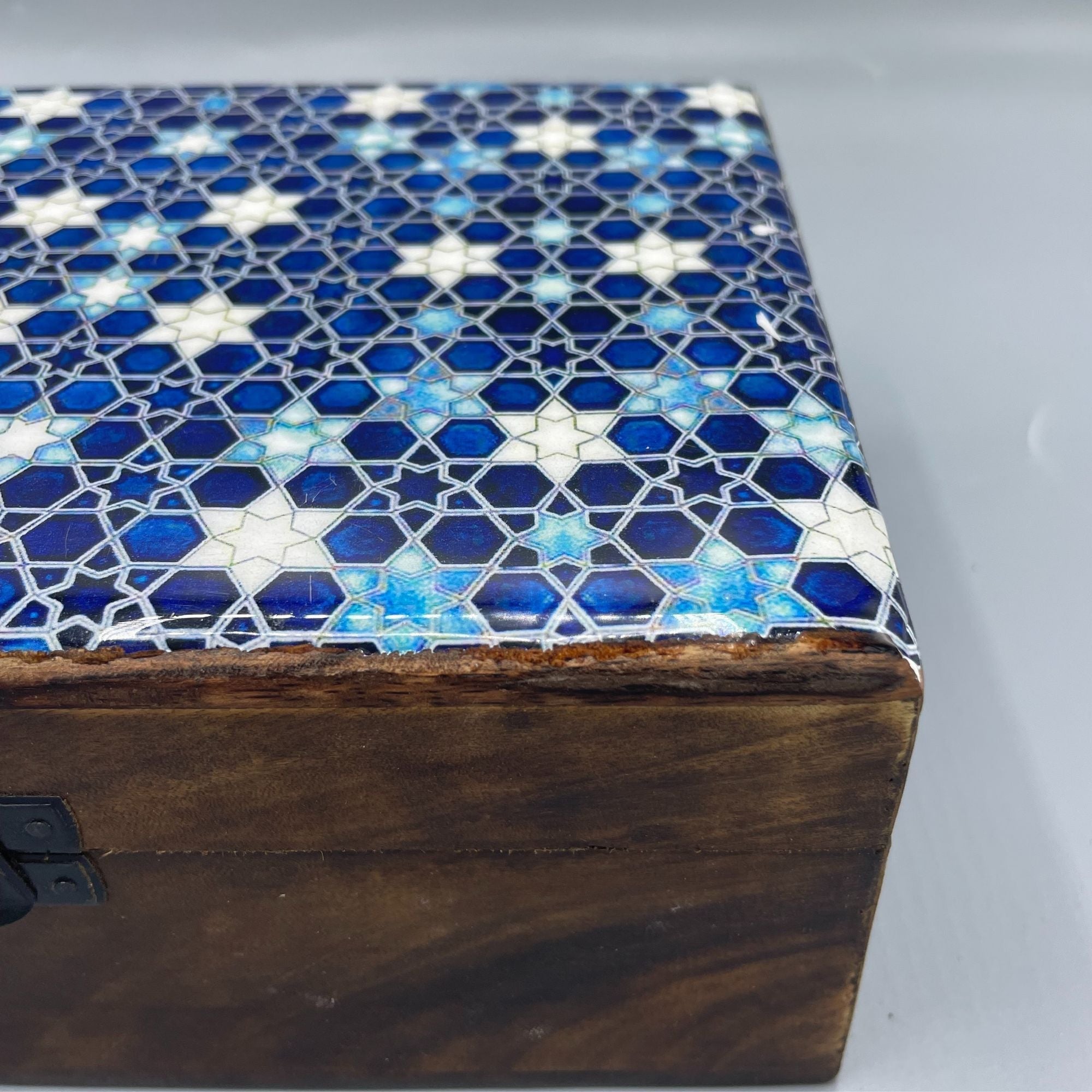 Large Ceramic Glazed Wood Box - 20x15x7.5cm - Blue Stars Wooden Boxes
