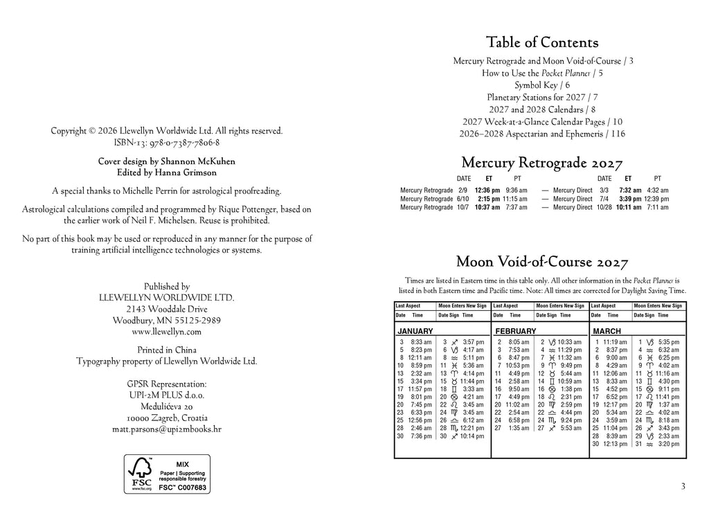 Llewellyn's 2027 Astrological Pocket Planner : Daily Ephemeris & Aspectarian 2026-2028