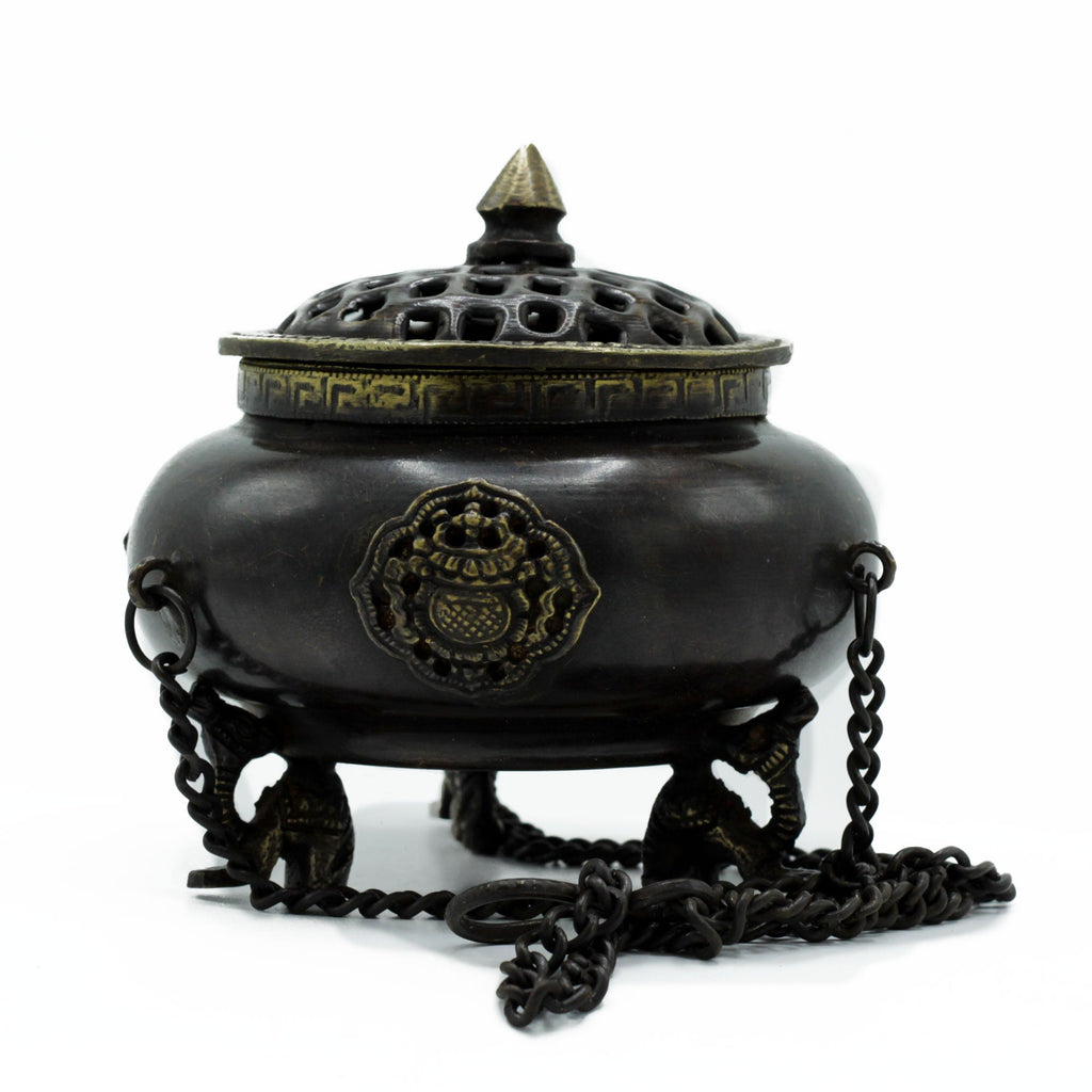 Lrg Brass Tibetan Burner - Four Symbol Hanging Pot From Witch, Please!