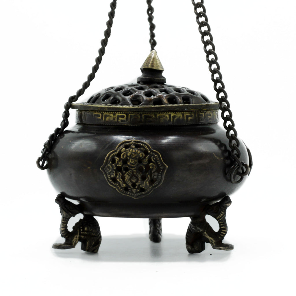 Lrg Brass Tibetan Burner - Four Symbol Hanging Pot From Witch, Please!