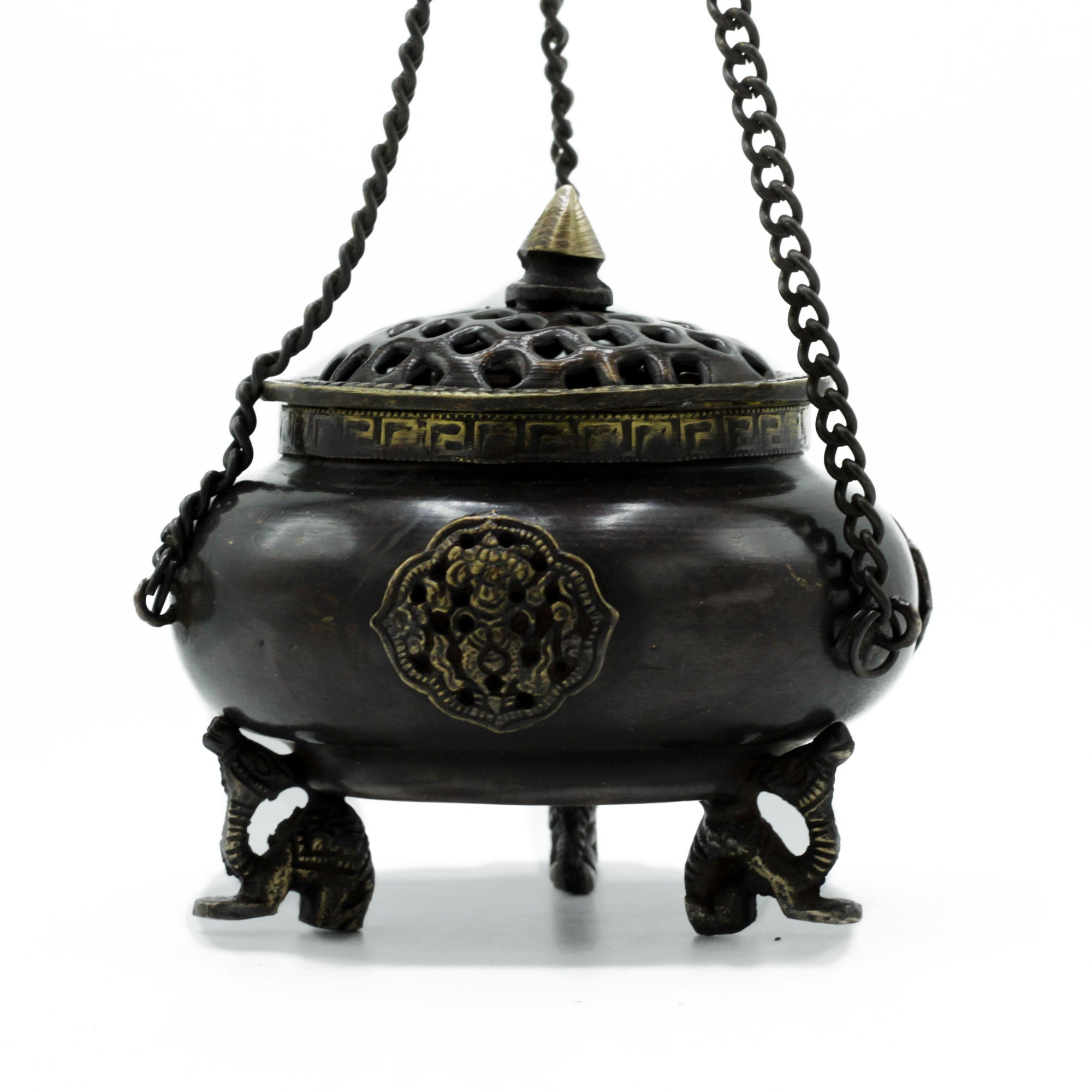 Lrg Brass Tibetan Burner - Four Symbol Hanging Pot From Witch, Please!