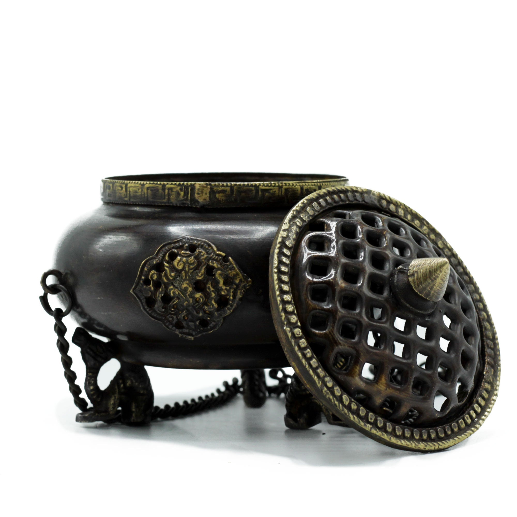 Lrg Brass Tibetan Burner - Four Symbol Hanging Pot From Witch, Please!