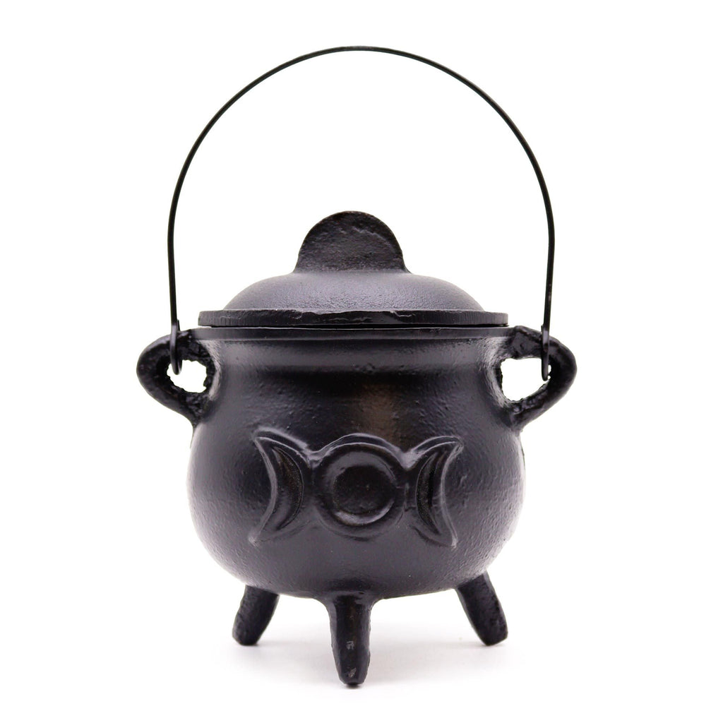 Lrg Cast Iron Cauldron with Triple Moon 12x15cm Ritual Bowls and Cauldrons