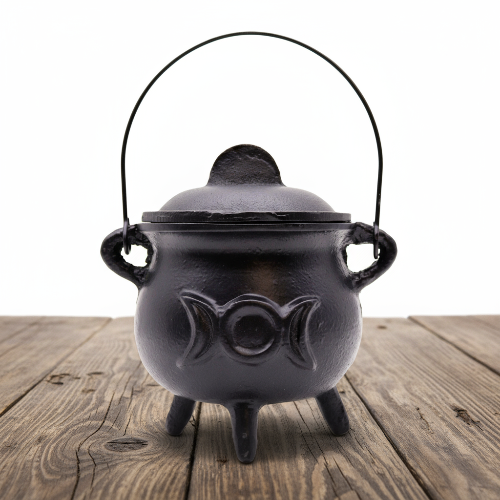 Lrg Cast Iron Cauldron with Triple Moon 12x15cm Ritual Bowls and Cauldrons