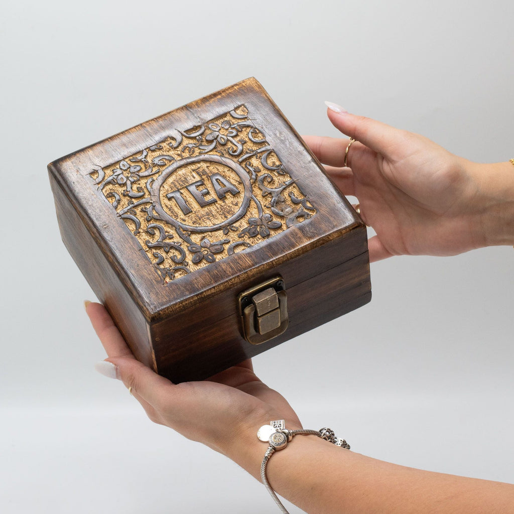Mango Carved Tea Box (4 compartments) Boxes