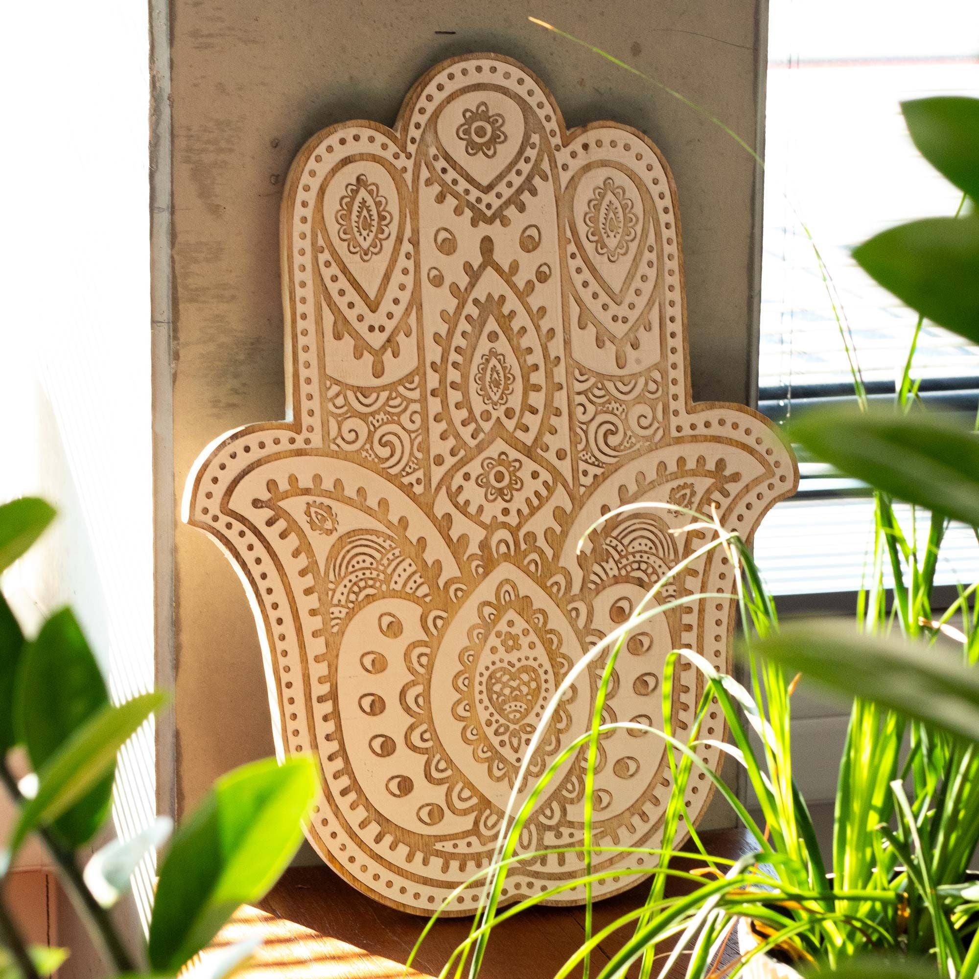 Mango Wood Hamsa Wall Plaque - Whitewash Plaques & Shelves