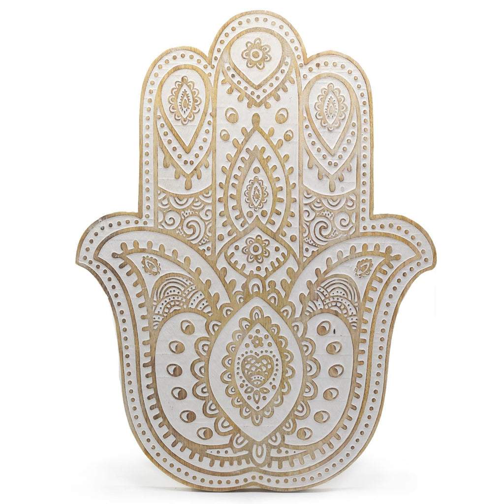 Mango Wood Hamsa Wall Plaque - Whitewash Plaques & Shelves