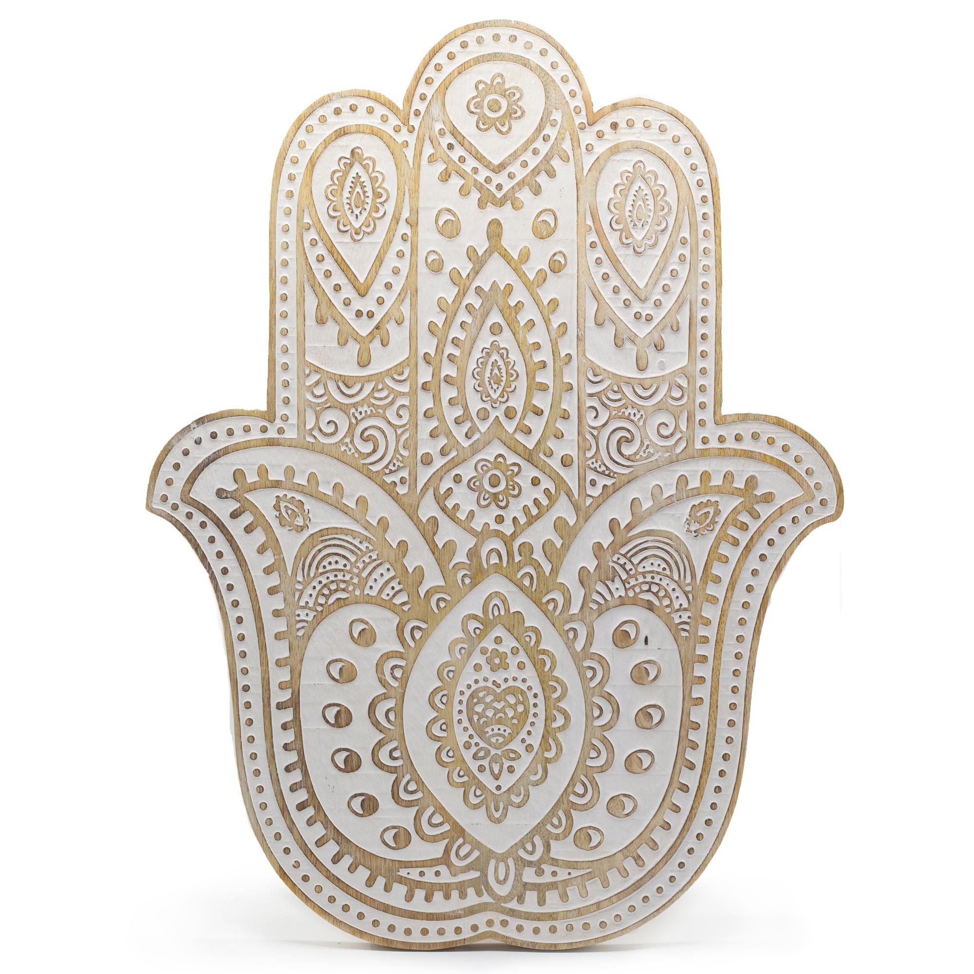 Mango Wood Hamsa Wall Plaque - Whitewash Plaques & Shelves