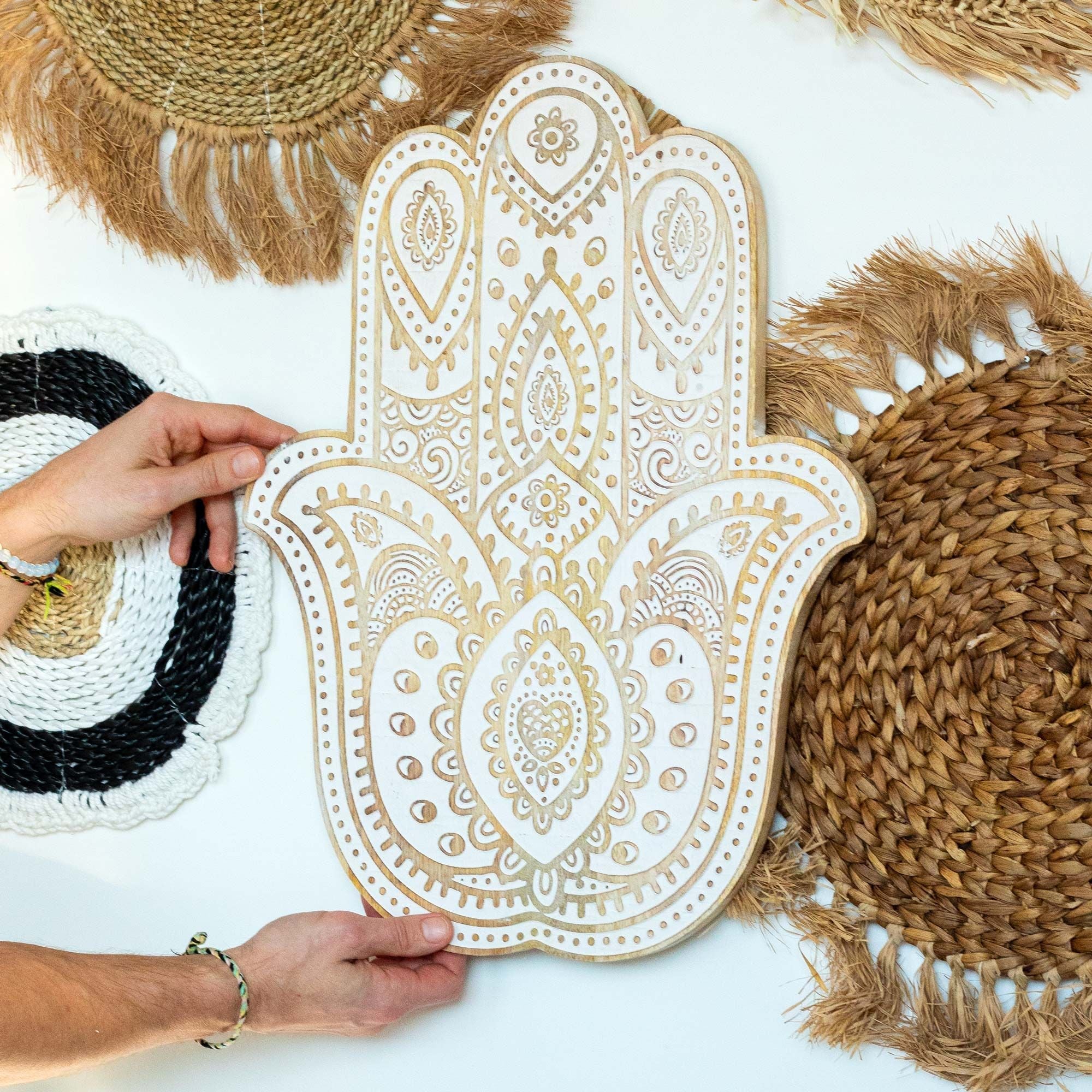 Mango Wood Hamsa Wall Plaque - Whitewash Plaques & Shelves