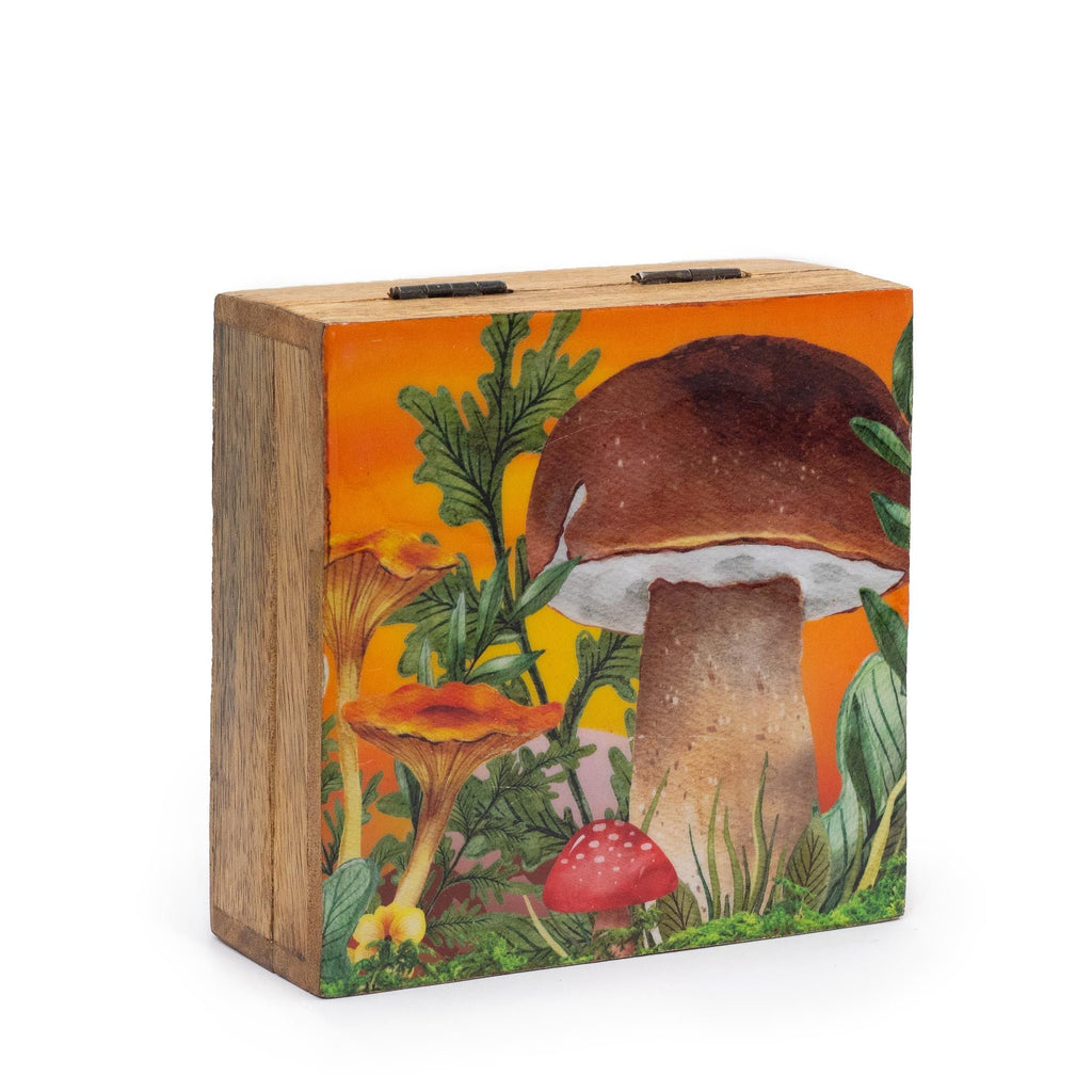 Med Square Box 13.5x13.5x6cm - Mushroom Design Maroon Enamelled Boxes and Trays