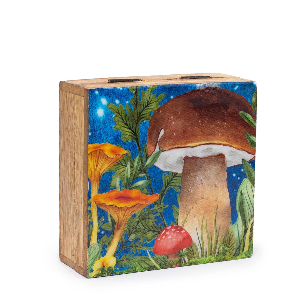 Med Square Box 13.5x13.5x6cm - Mushroom Design Teal Enamelled Boxes and Trays