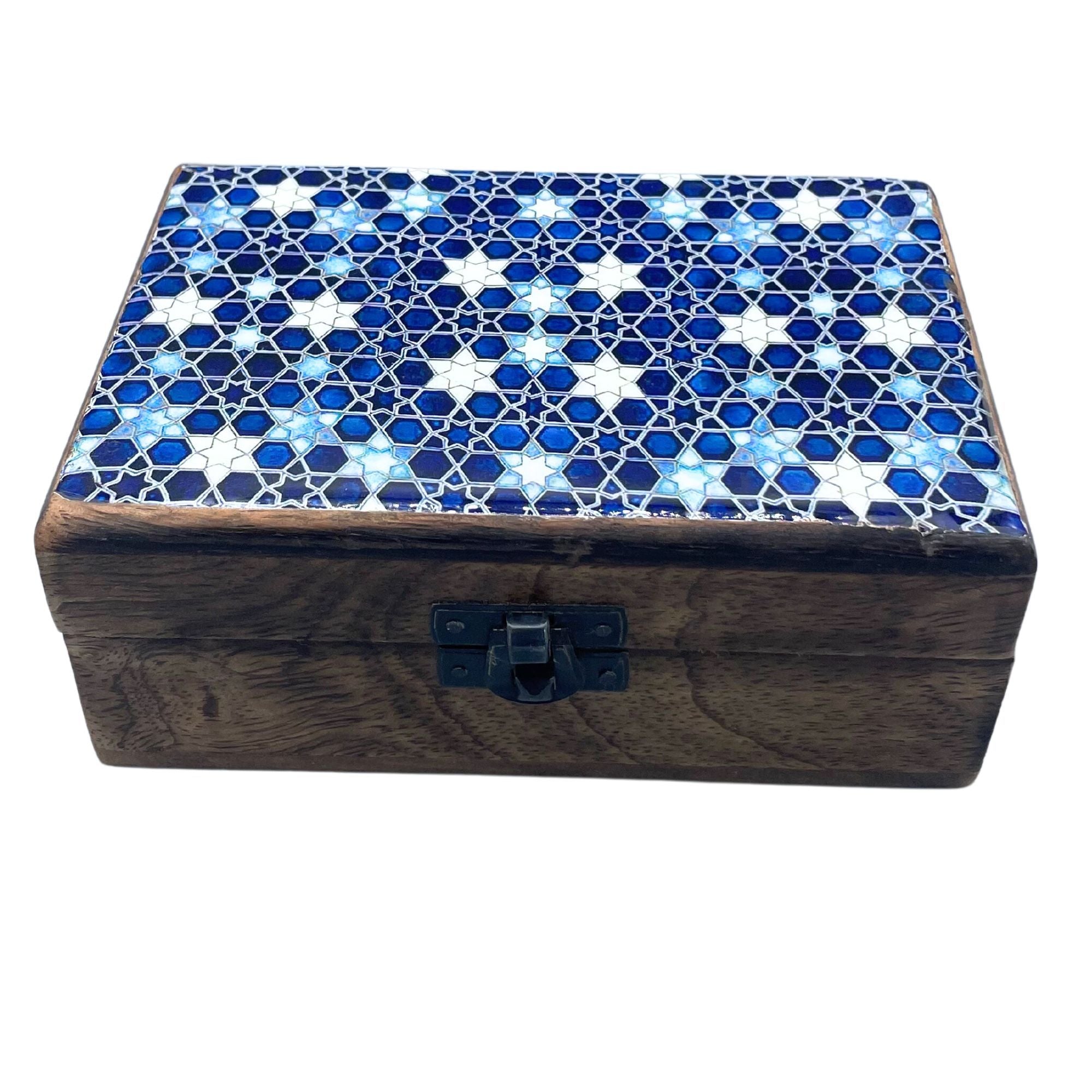 Medium Ceramic Glazed Wood Box - 15x10x6cm - Blue Stars Wooden Boxes