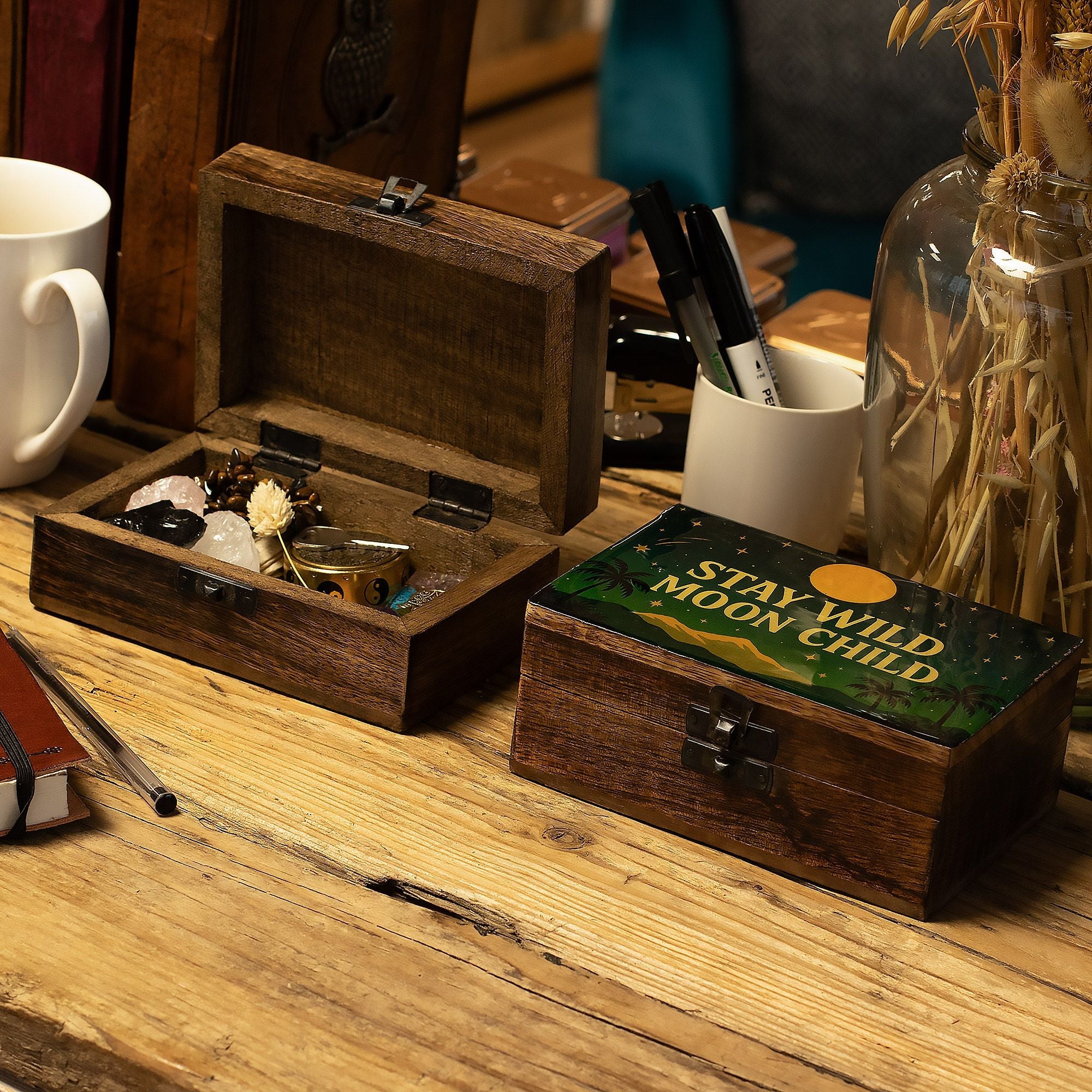 Medium Enamelled Box - Stay Wild Moon Child Ceramic Glazed Wooden Boxes