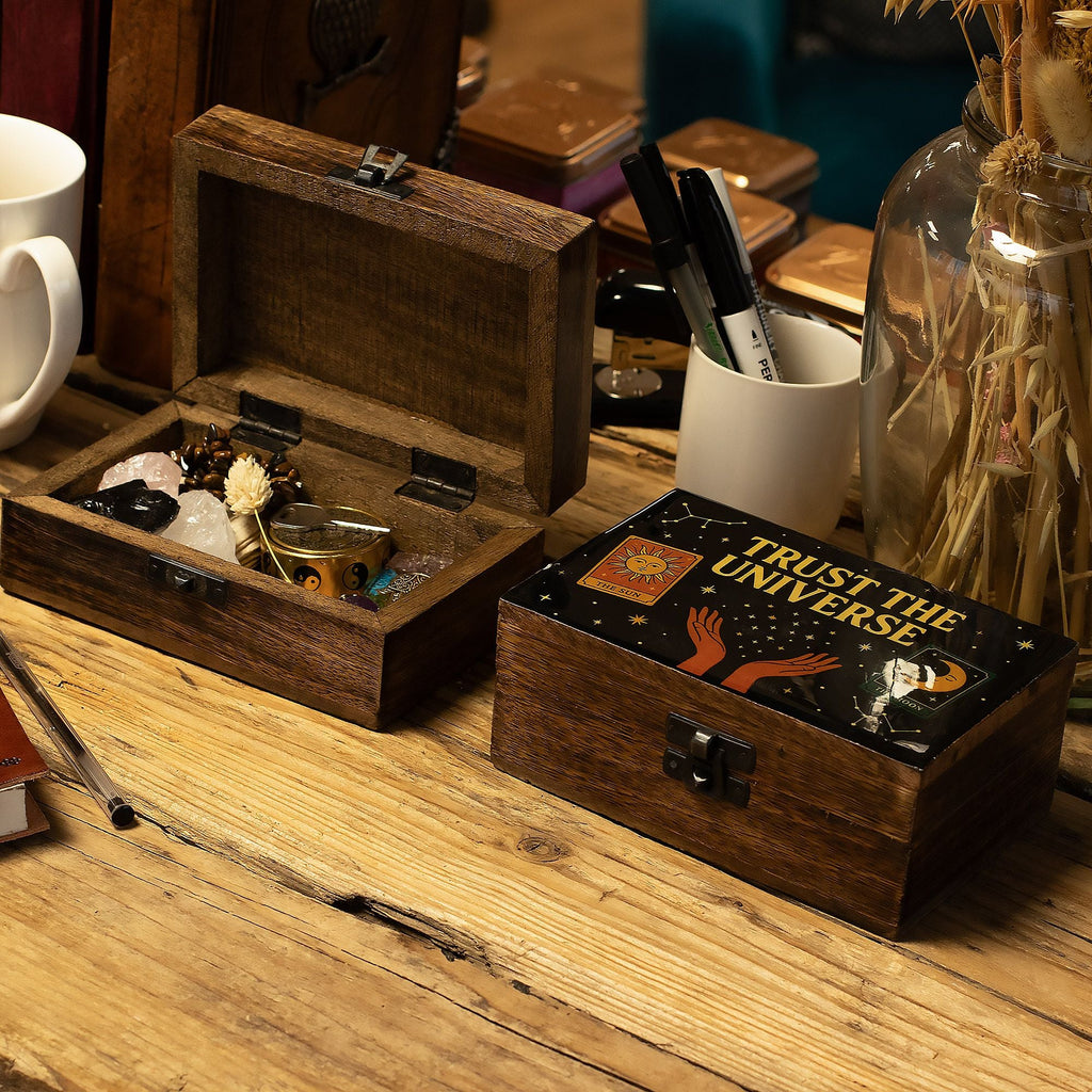 Medium Enamelled Box - Trust the Universe Ceramic Glazed Wooden Boxes