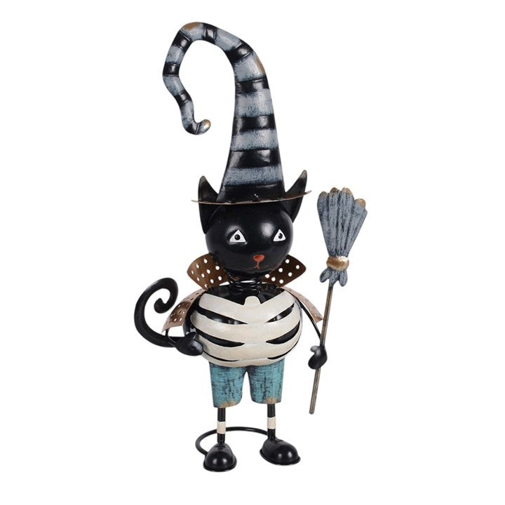Metal Black Cat Ornament with Witch Hat