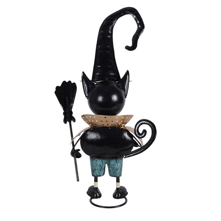 Metal Black Cat Ornament with Witch Hat