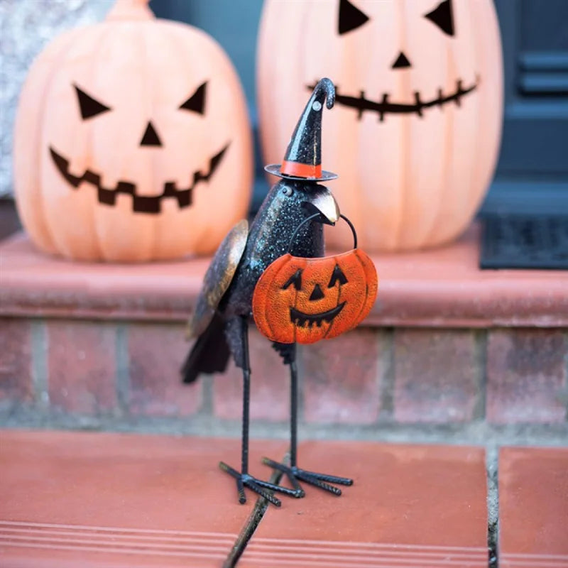 Metal Glitter Raven Ornament with Pumpkin