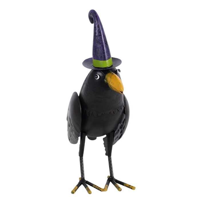Metal Raven Ornament with Witch Hat