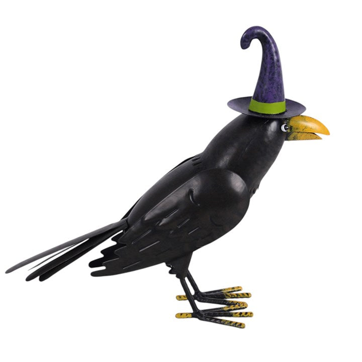 Metal Raven Ornament with Witch Hat