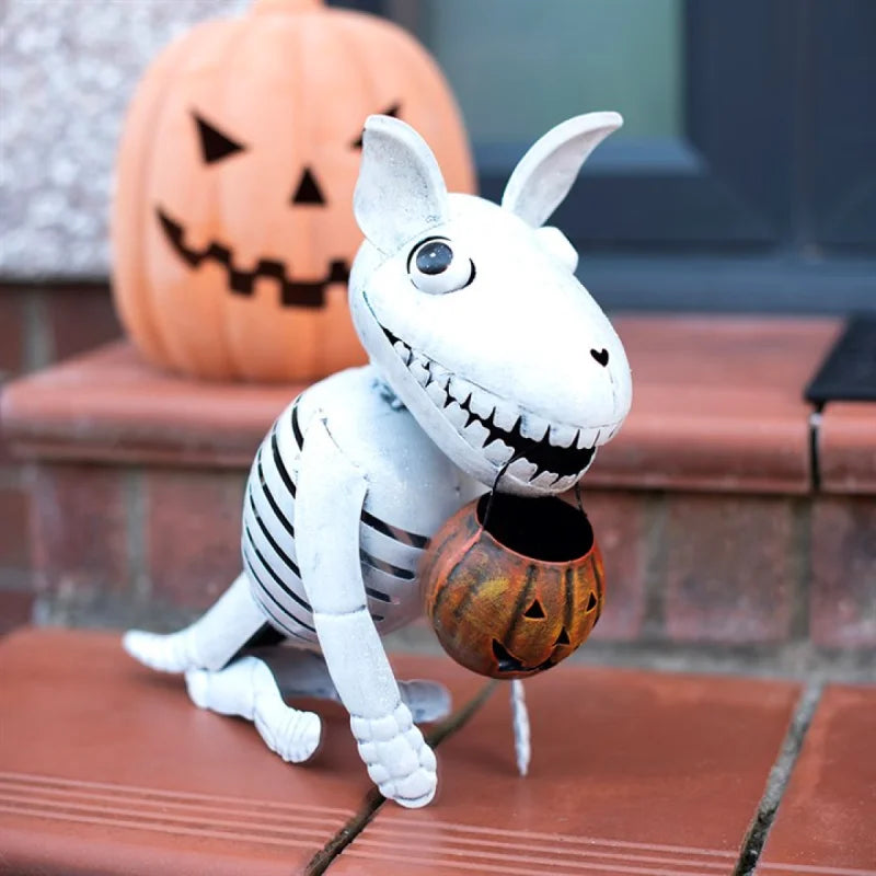 Metal Skeleton Dog Ornament with Pumpkin