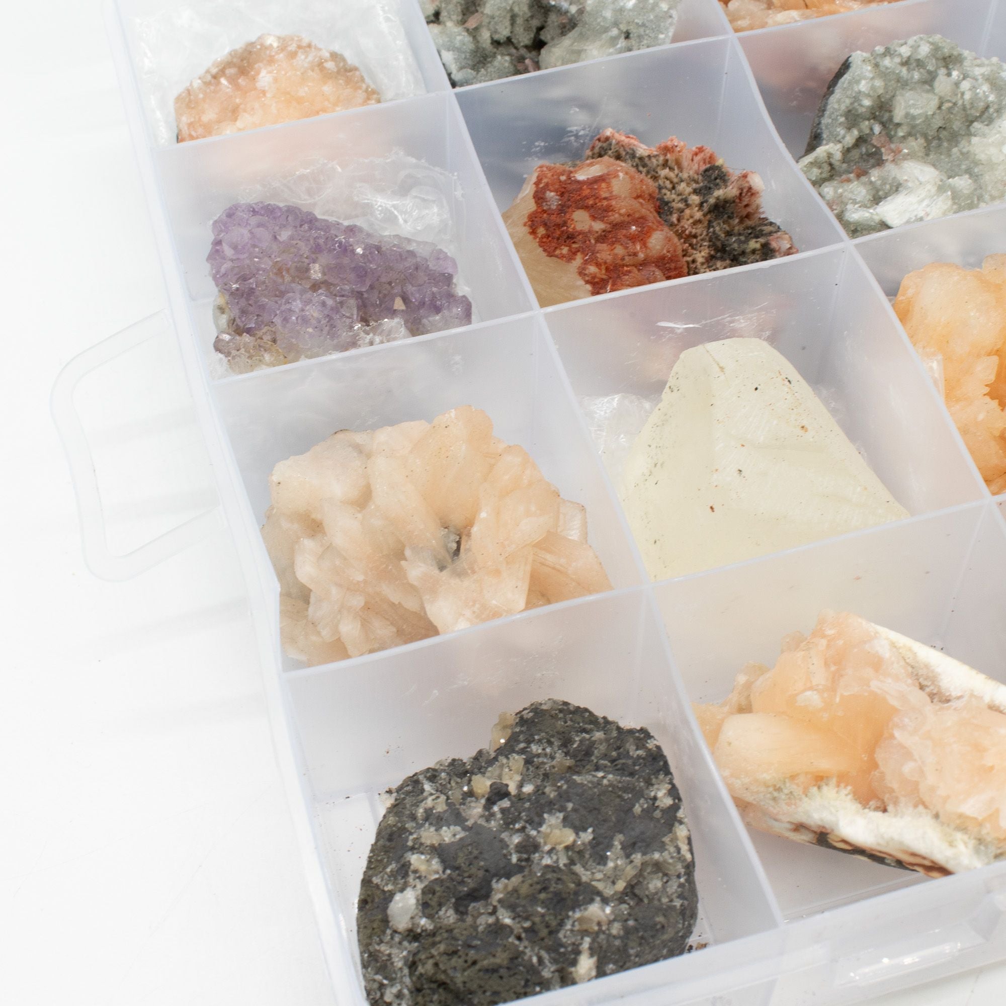 Mixed Indian Zeolites in a Display (White Apophyllite Stilbite,Finger Quartz Amethyst Green Stilbite Heulandite) Rare