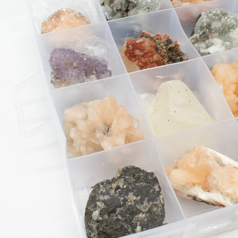 Mixed Indian Zeolites in a Display (White Apophyllite Stilbite,Finger Quartz Amethyst Green Stilbite Heulandite) Rare
