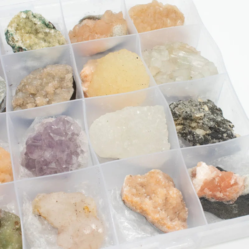 Mixed Indian Zeolites in a Display (White Apophyllite Stilbite,Finger Quartz Amethyst Green Stilbite Heulandite) Rare