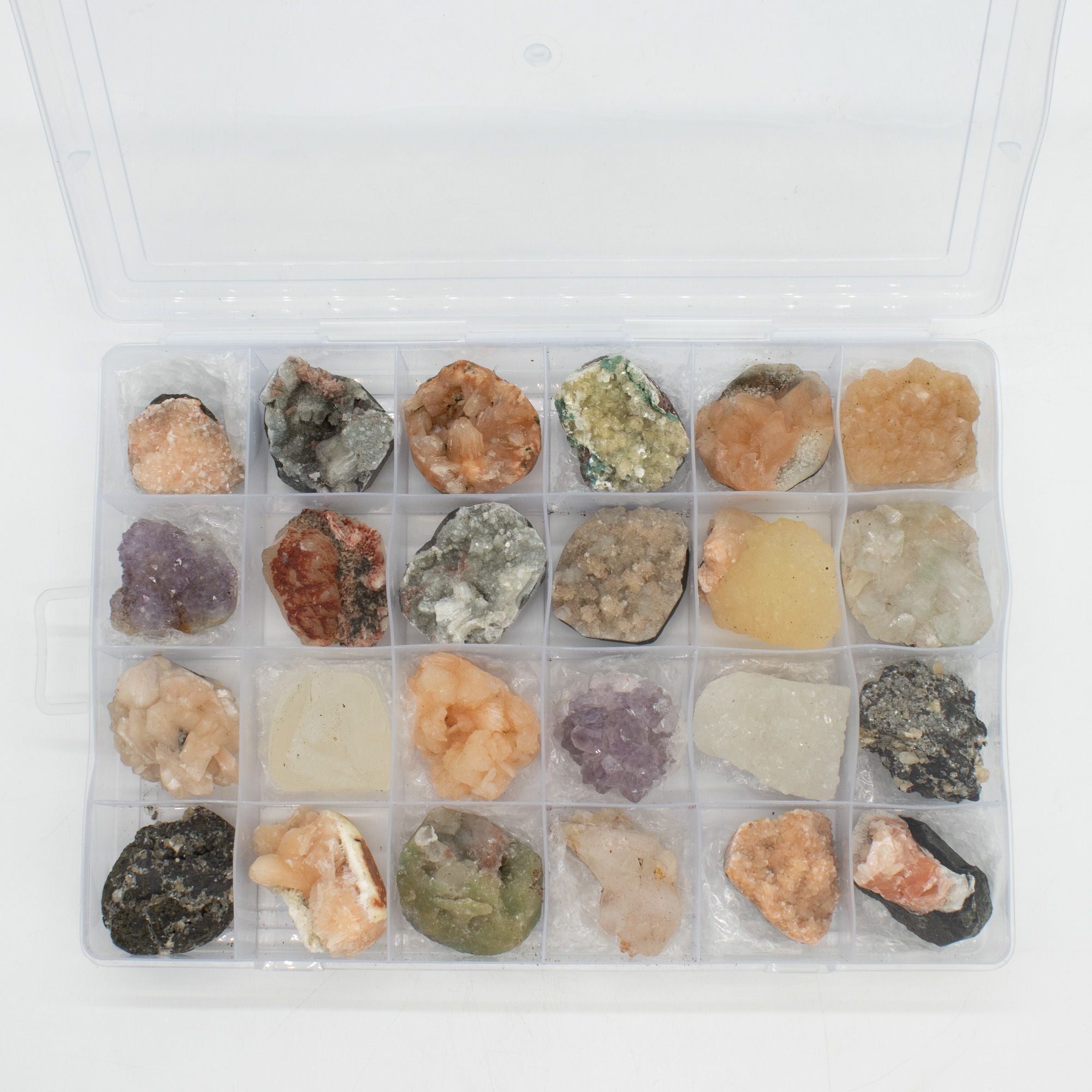 Mixed Indian Zeolites in a Display (White Apophyllite Stilbite,Finger Quartz Amethyst Green Stilbite Heulandite) Rare