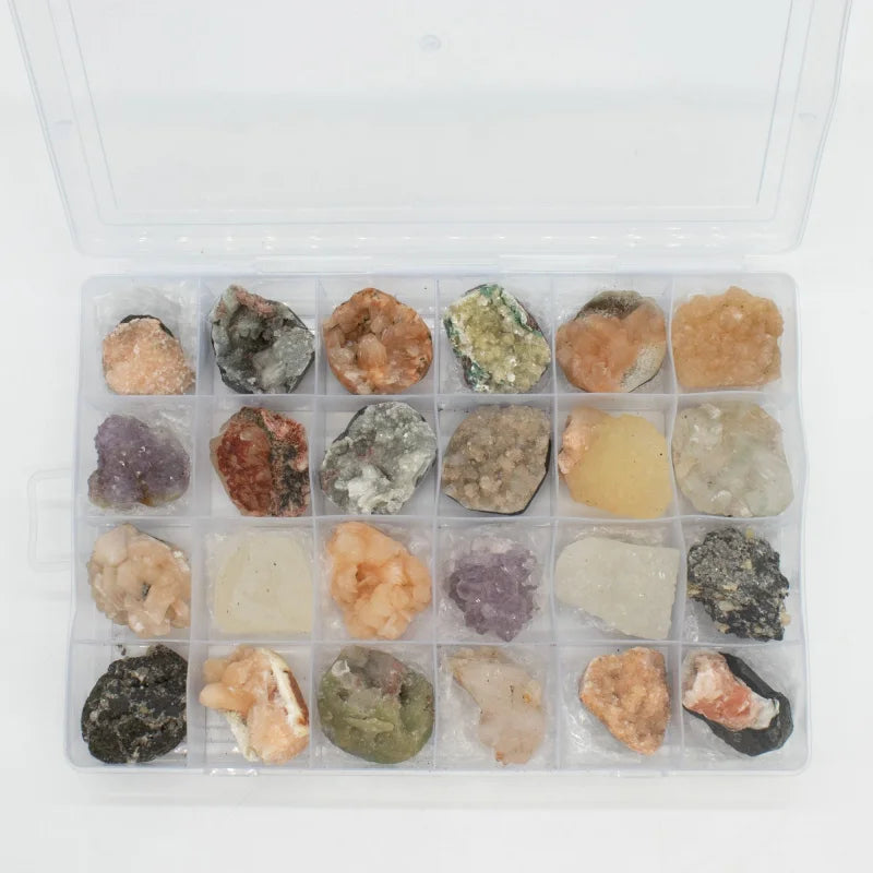 Mixed Indian Zeolites in a Display (White Apophyllite Stilbite,Finger Quartz Amethyst Green Stilbite Heulandite) Rare
