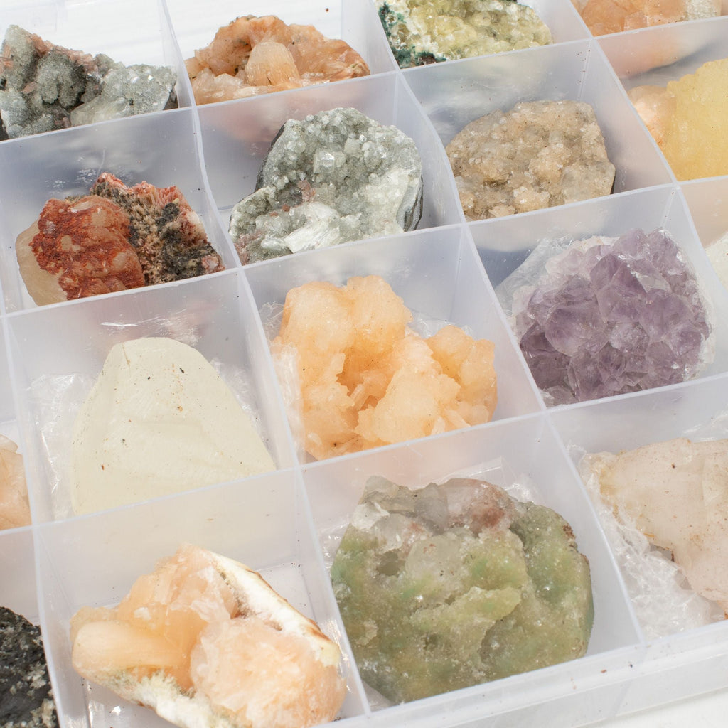 Mixed Indian Zeolites in a Display (White Apophyllite Stilbite,Finger Quartz Amethyst Green Stilbite Heulandite) Rare