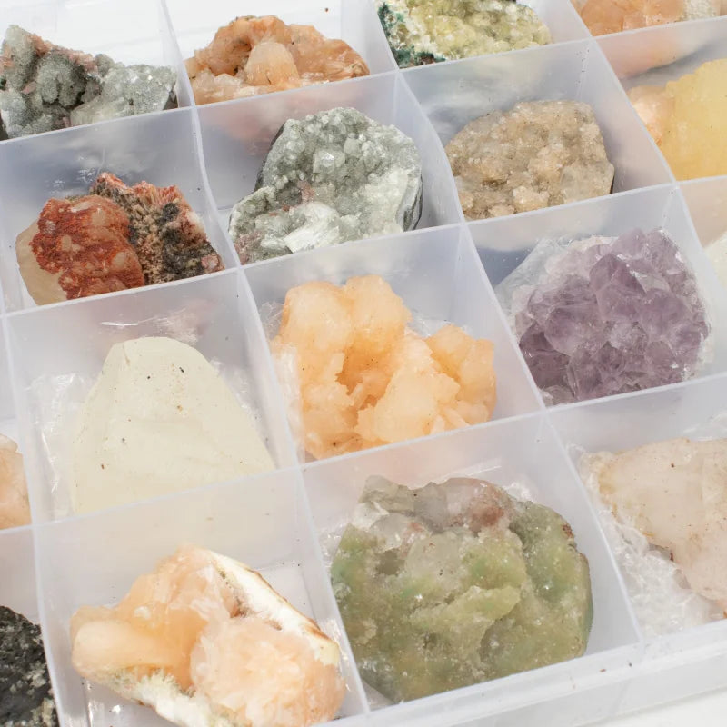 Mixed Indian Zeolites in a Display (White Apophyllite Stilbite,Finger Quartz Amethyst Green Stilbite Heulandite) Rare