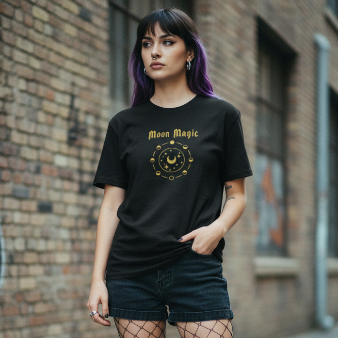Moon Magic Embroidered T-Shirt - Classic Fit Cotton Tee with Phases