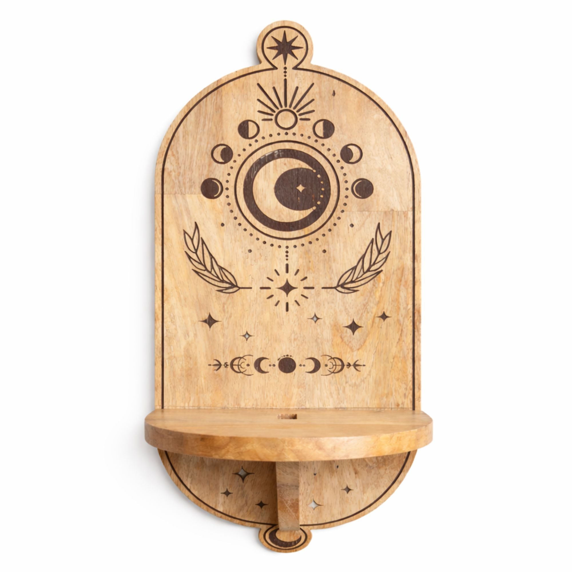 Moon Phase & Tree Carved Arch Wall Shelf Mango Wood Plaques Shelves