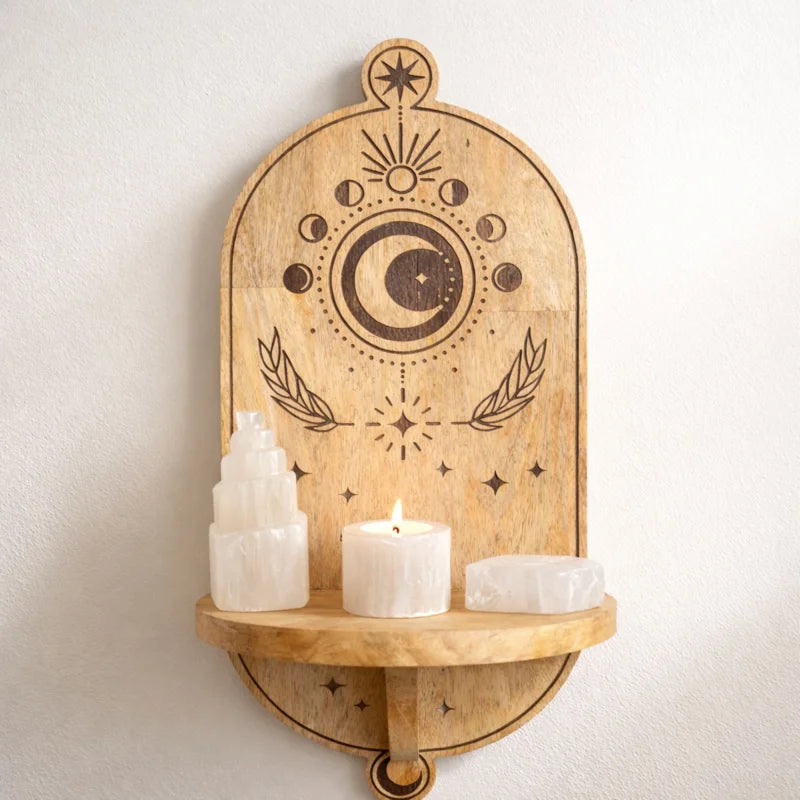 Moon Phase & Tree Carved Arch Wall Shelf Mango Wood Plaques Shelves