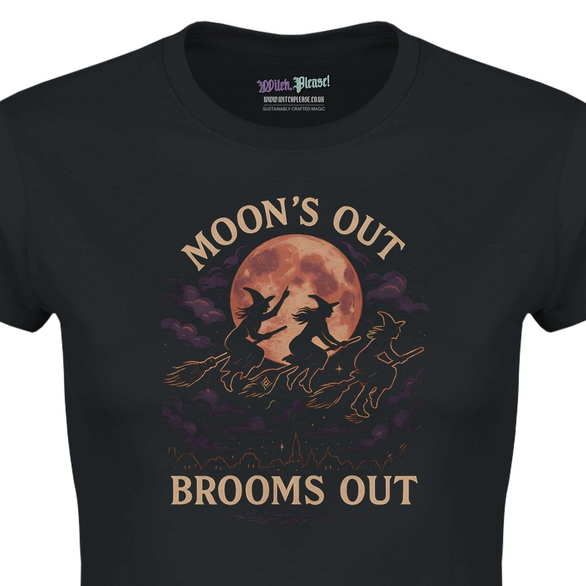 Moon’s Out Brooms T-Shirt – Mystical Witches Flying Under the Moon