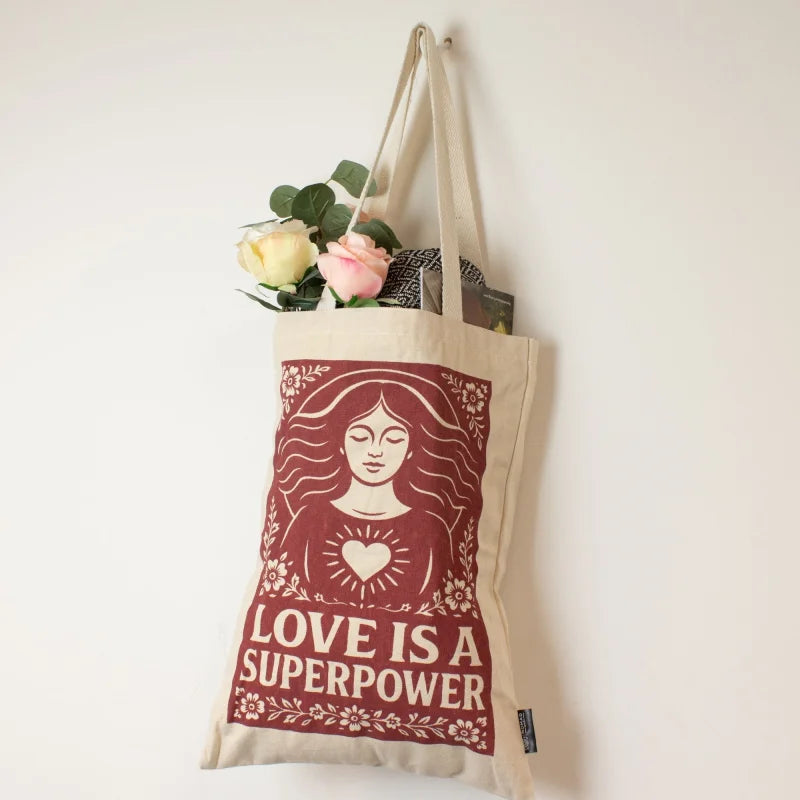 Nomad Sari Iconic Toni Tote Bag - Love is a Super Power - Natural 10oz Bags – Basic & Classic