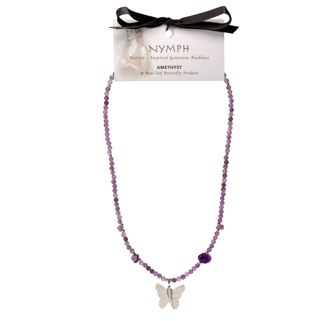 Nymph Amethyst Gemstone Necklace with Real Leaf Butterfly Pendant Necklaces