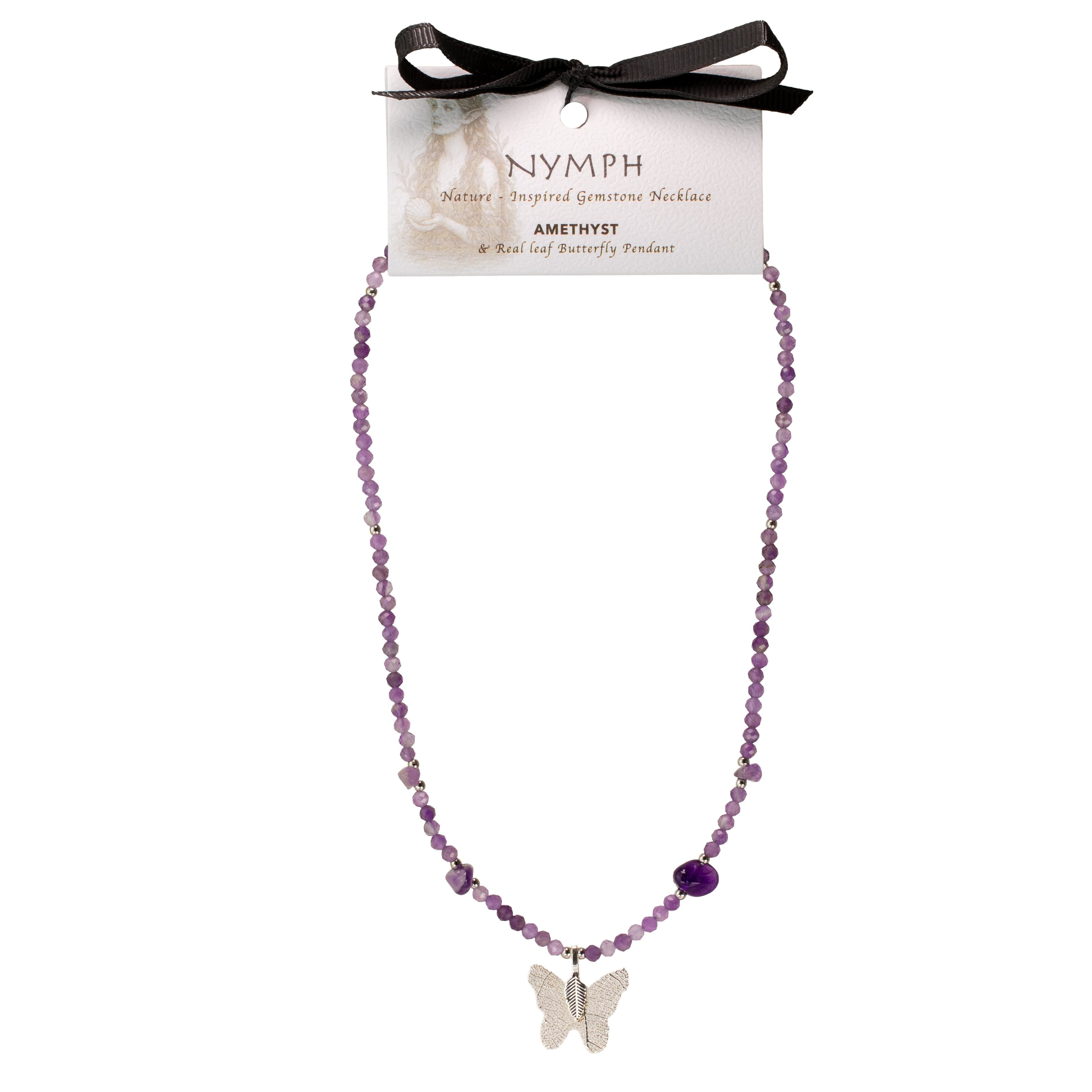 Nymph Amethyst Gemstone Necklace with Real Leaf Butterfly Pendant Necklaces