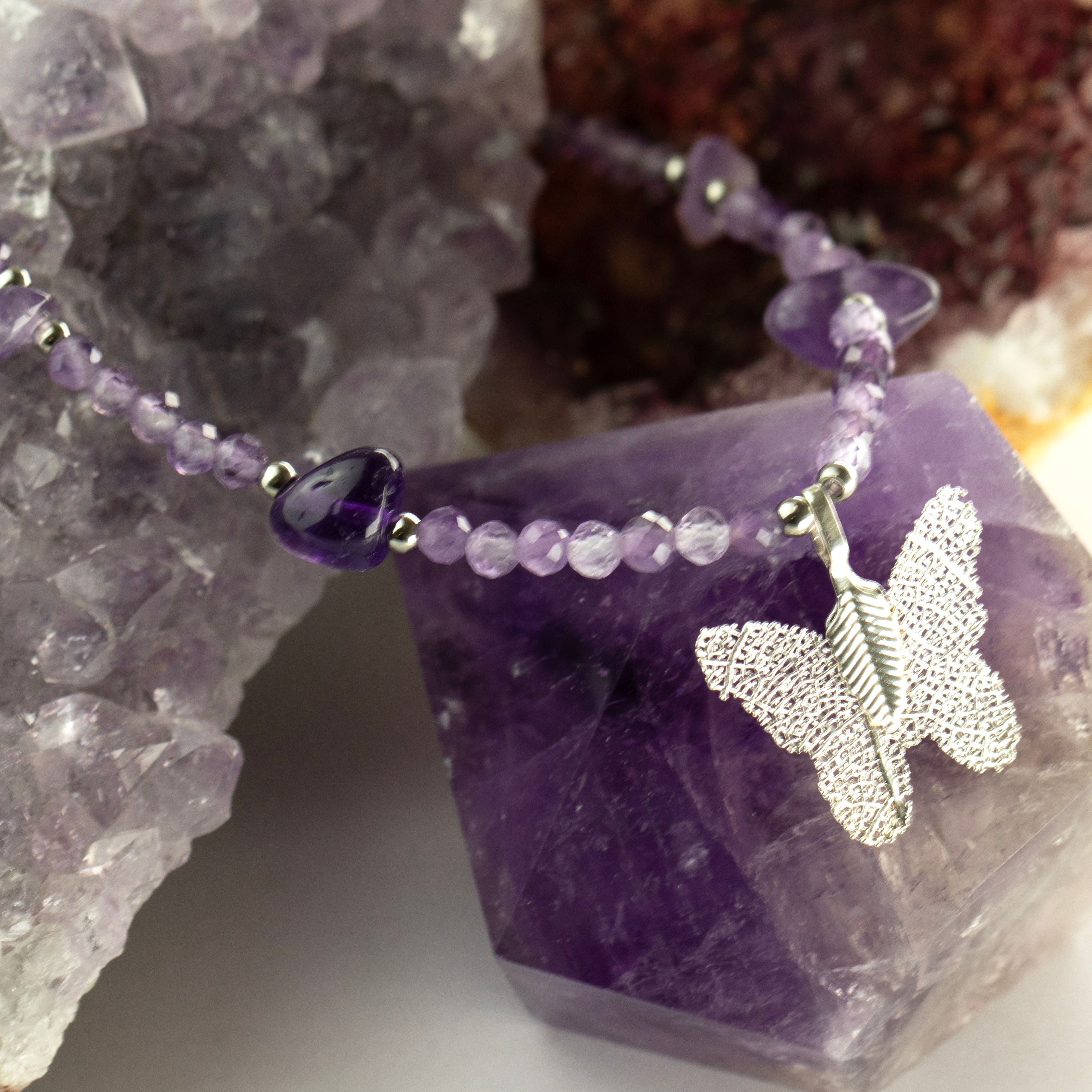 Nymph Amethyst Gemstone Necklace with Real Leaf Butterfly Pendant Necklaces