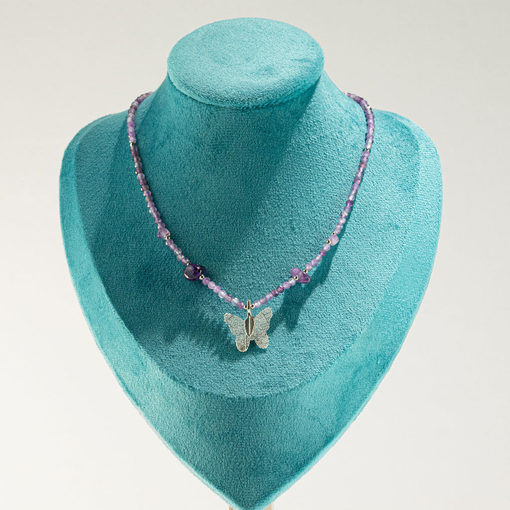 Nymph Amethyst Gemstone Necklace with Real Leaf Butterfly Pendant Necklaces