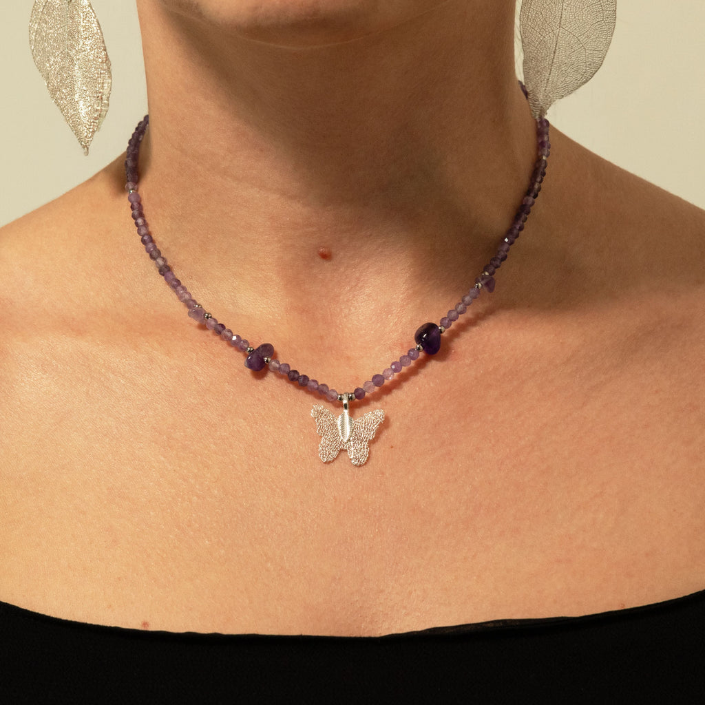 Nymph Amethyst Gemstone Necklace with Real Leaf Butterfly Pendant Necklaces