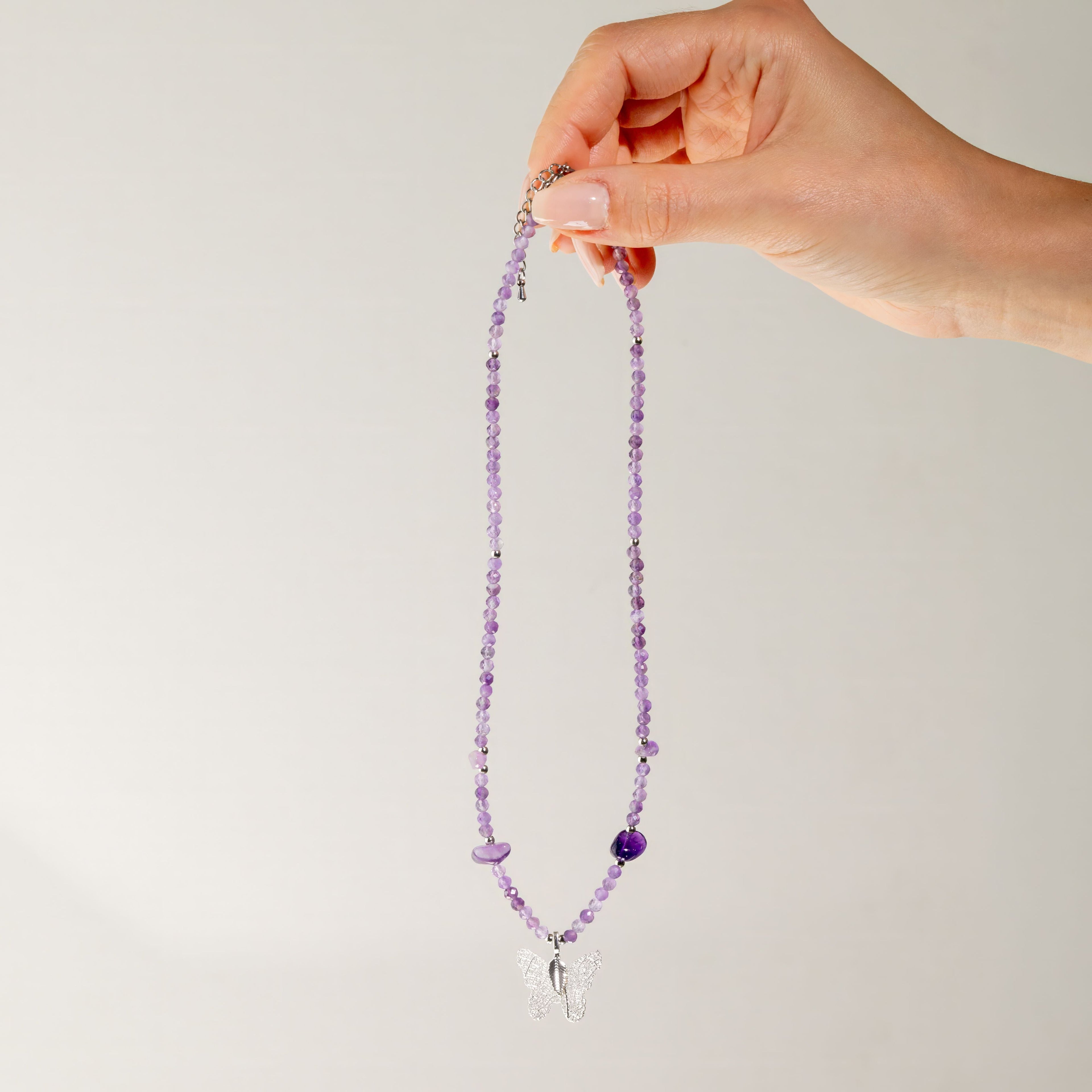 Nymph Amethyst Gemstone Necklace with Real Leaf Butterfly Pendant Necklaces