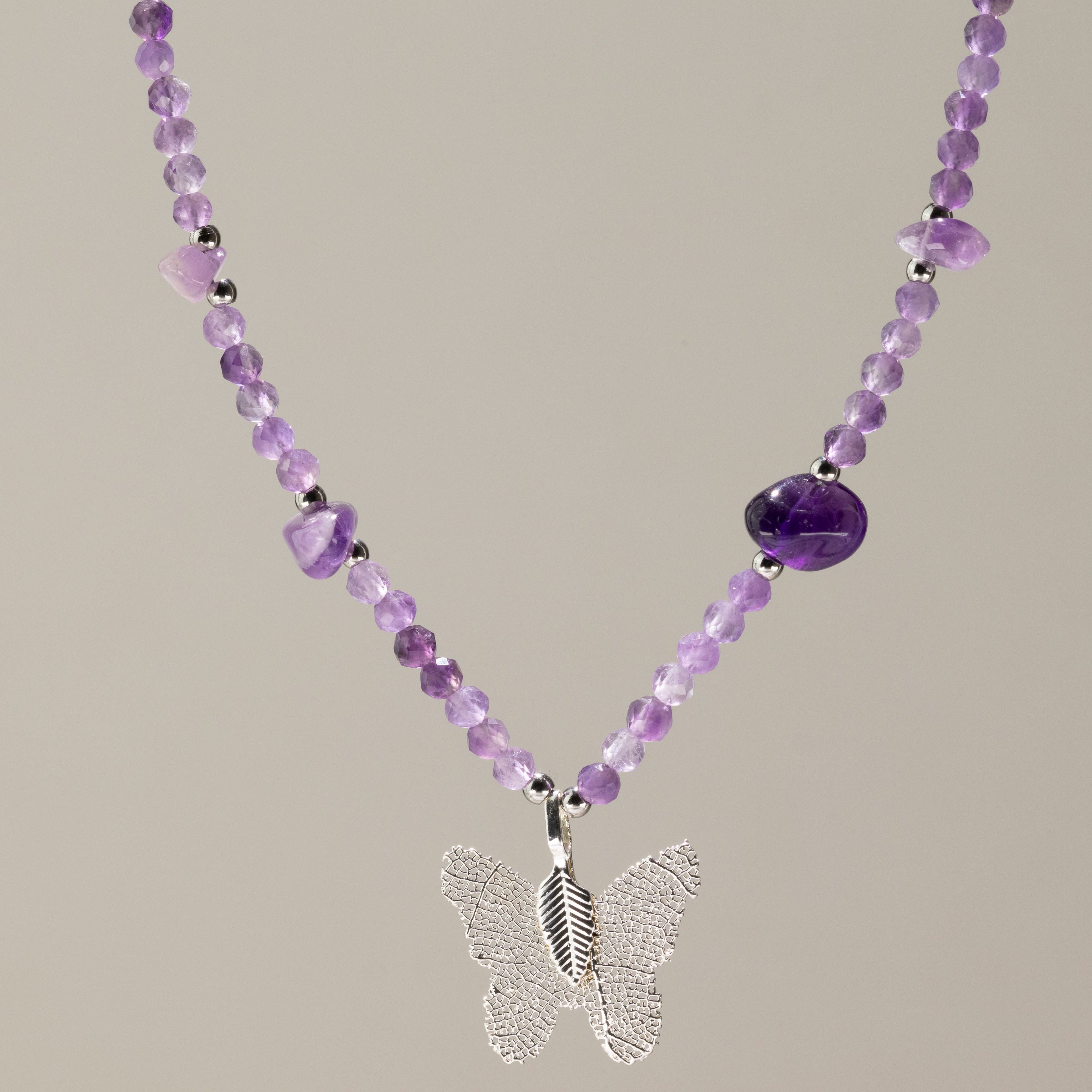 Nymph Amethyst Gemstone Necklace with Real Leaf Butterfly Pendant Necklaces