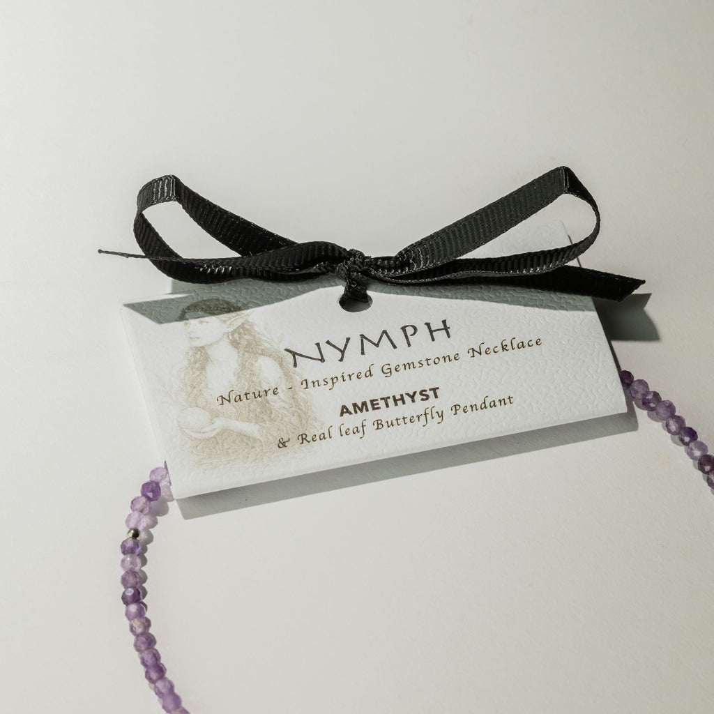 Nymph Amethyst Gemstone Necklace with Real Leaf Butterfly Pendant Necklaces