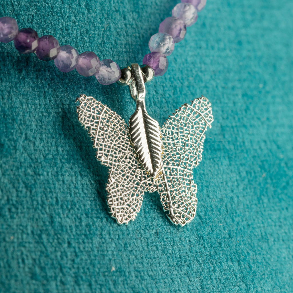 Nymph Amethyst Gemstone Necklace with Real Leaf Butterfly Pendant Necklaces