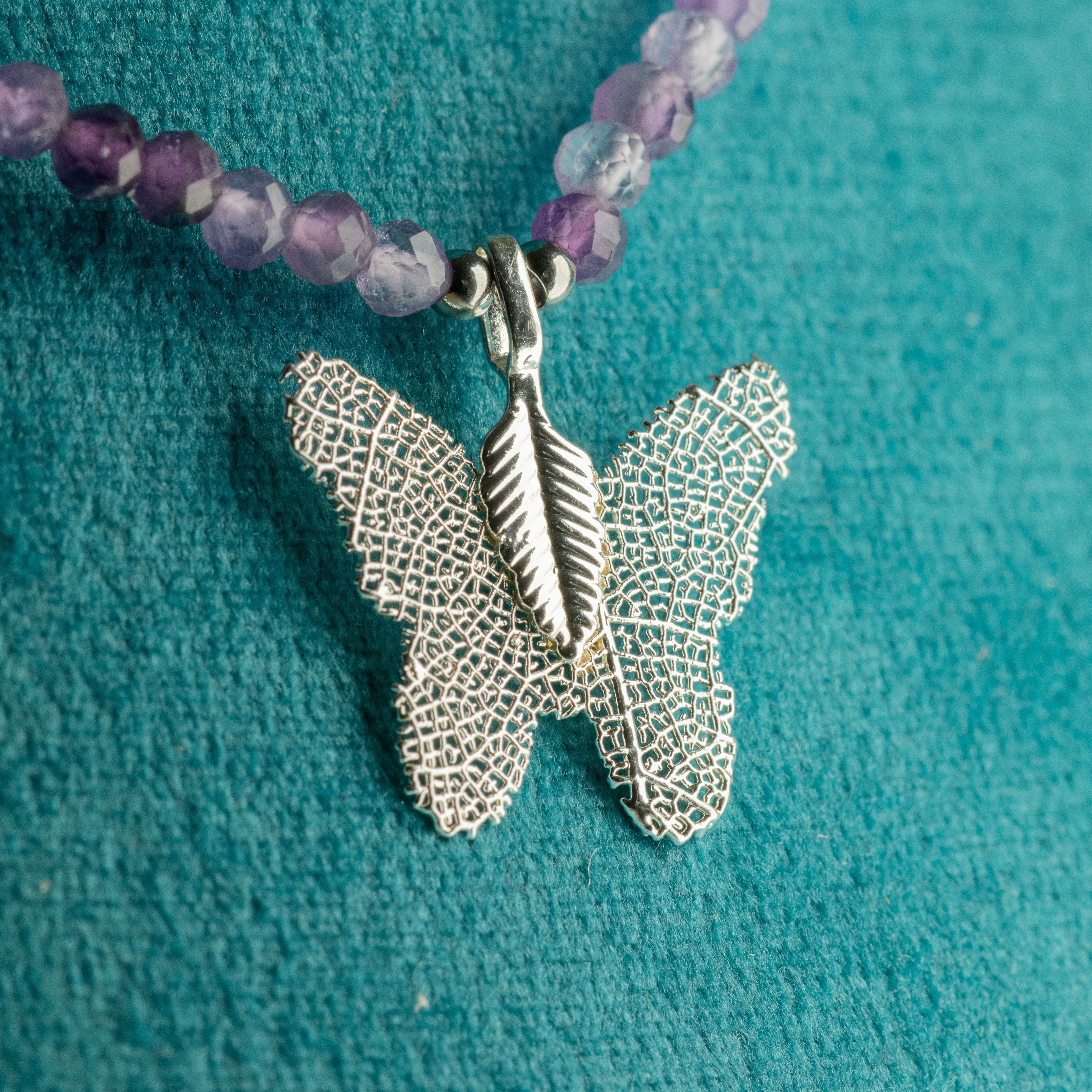 Nymph Amethyst Gemstone Necklace with Real Leaf Butterfly Pendant Necklaces