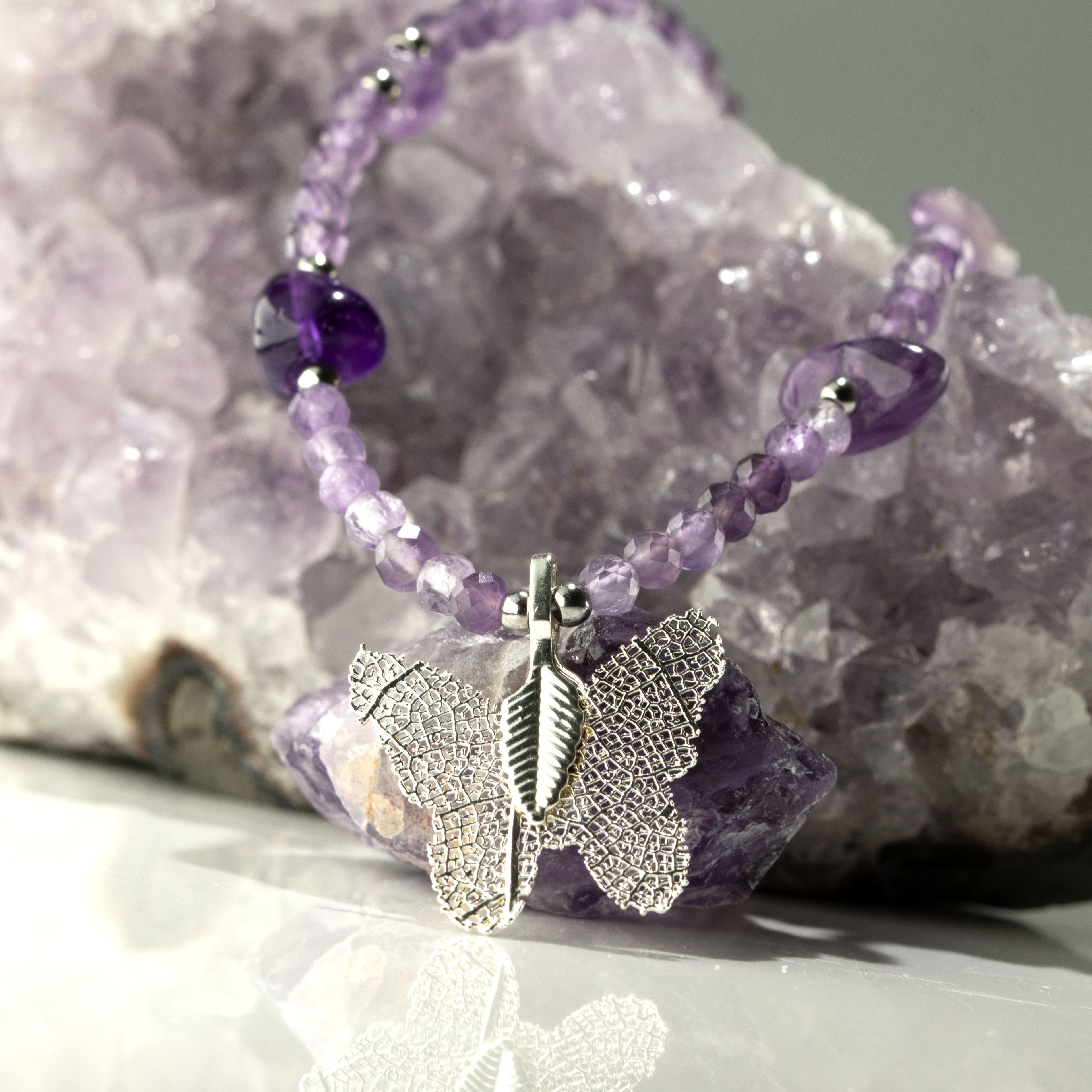 Nymph Amethyst Gemstone Necklace with Real Leaf Butterfly Pendant Necklaces