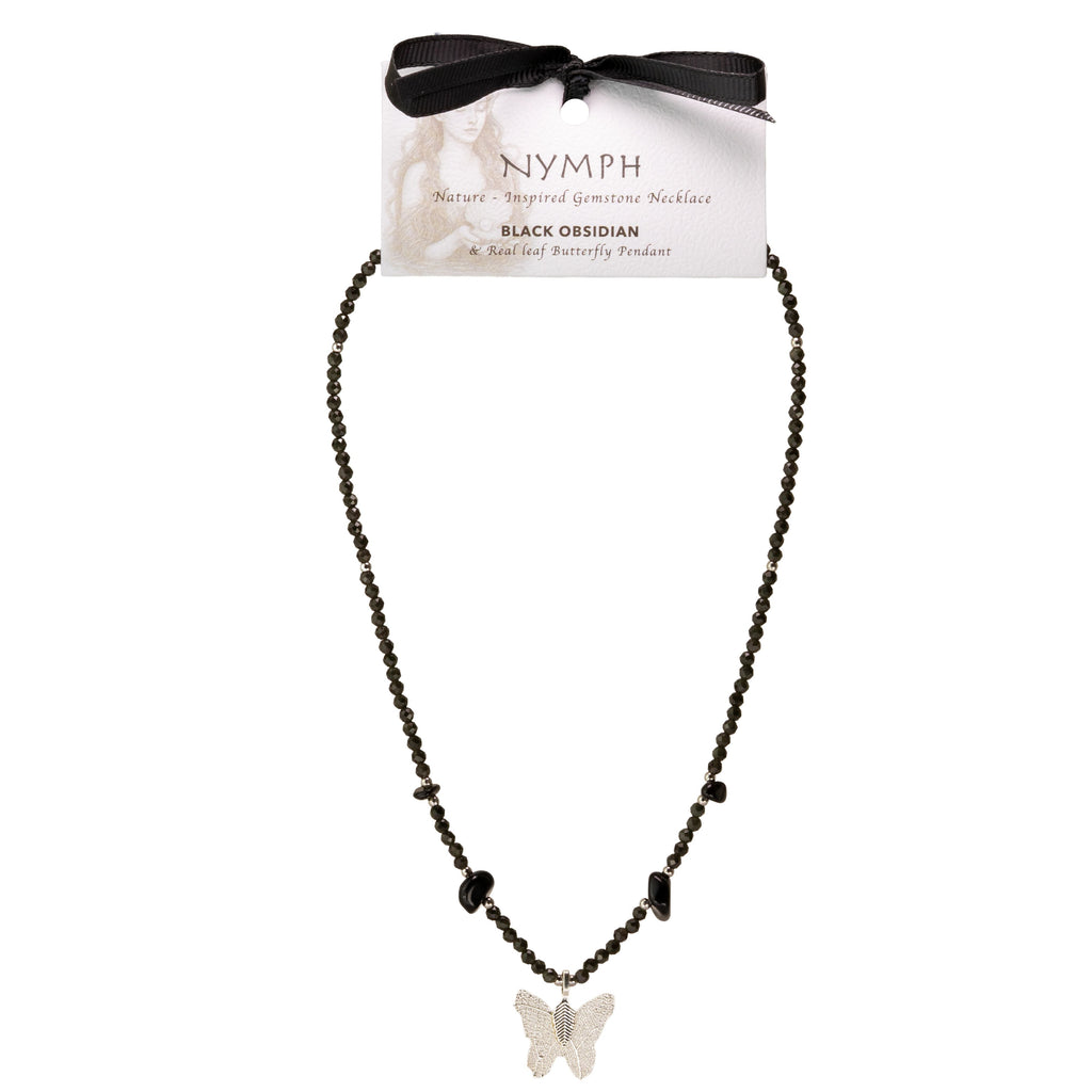 Nymph Black Obsidian Gemstone Necklace with Real Leaf Butterfly Pendant Necklaces