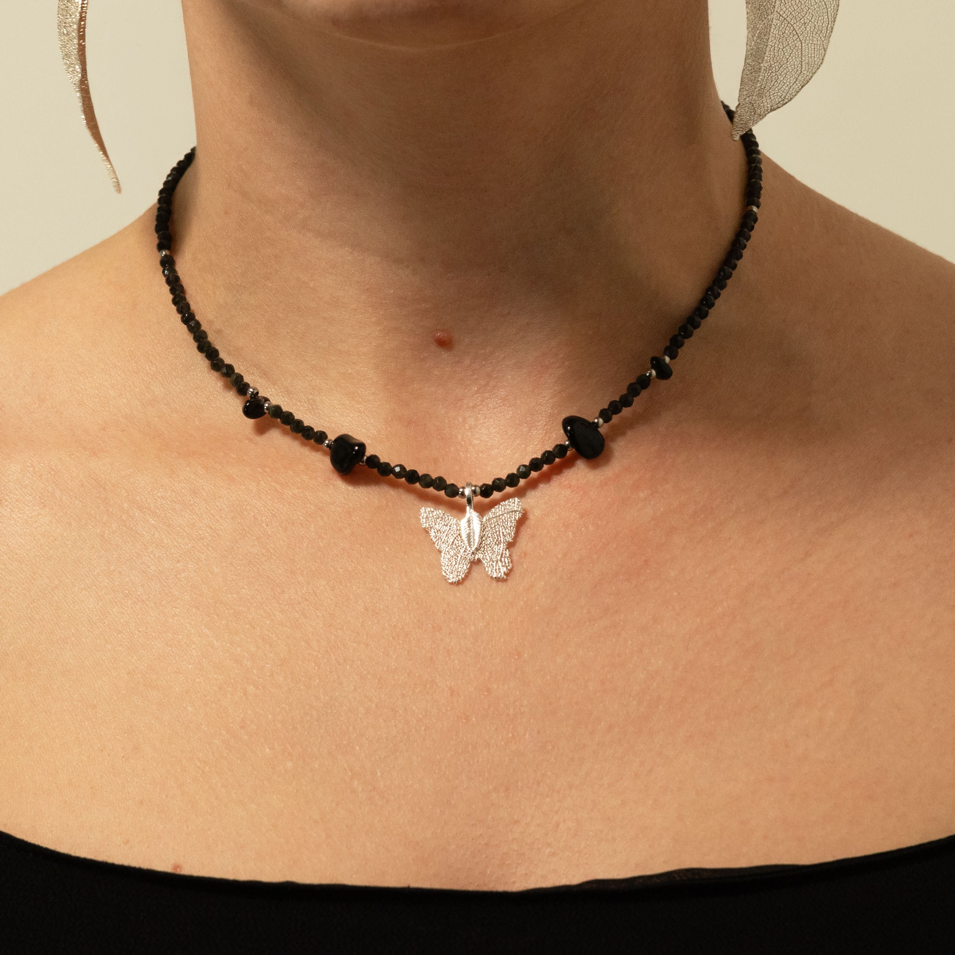 Nymph Black Obsidian Gemstone Necklace with Real Leaf Butterfly Pendant Necklaces