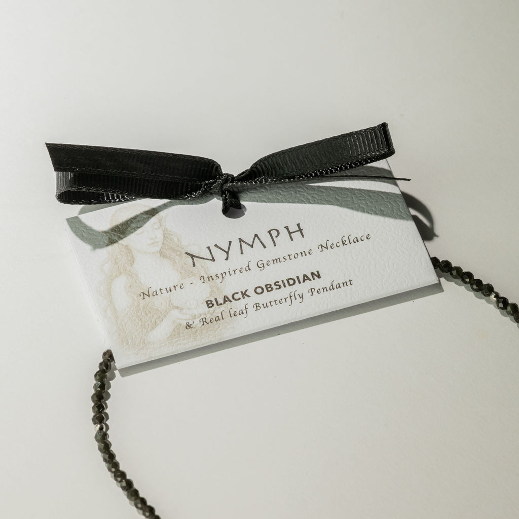 Nymph Black Obsidian Gemstone Necklace with Real Leaf Butterfly Pendant Necklaces